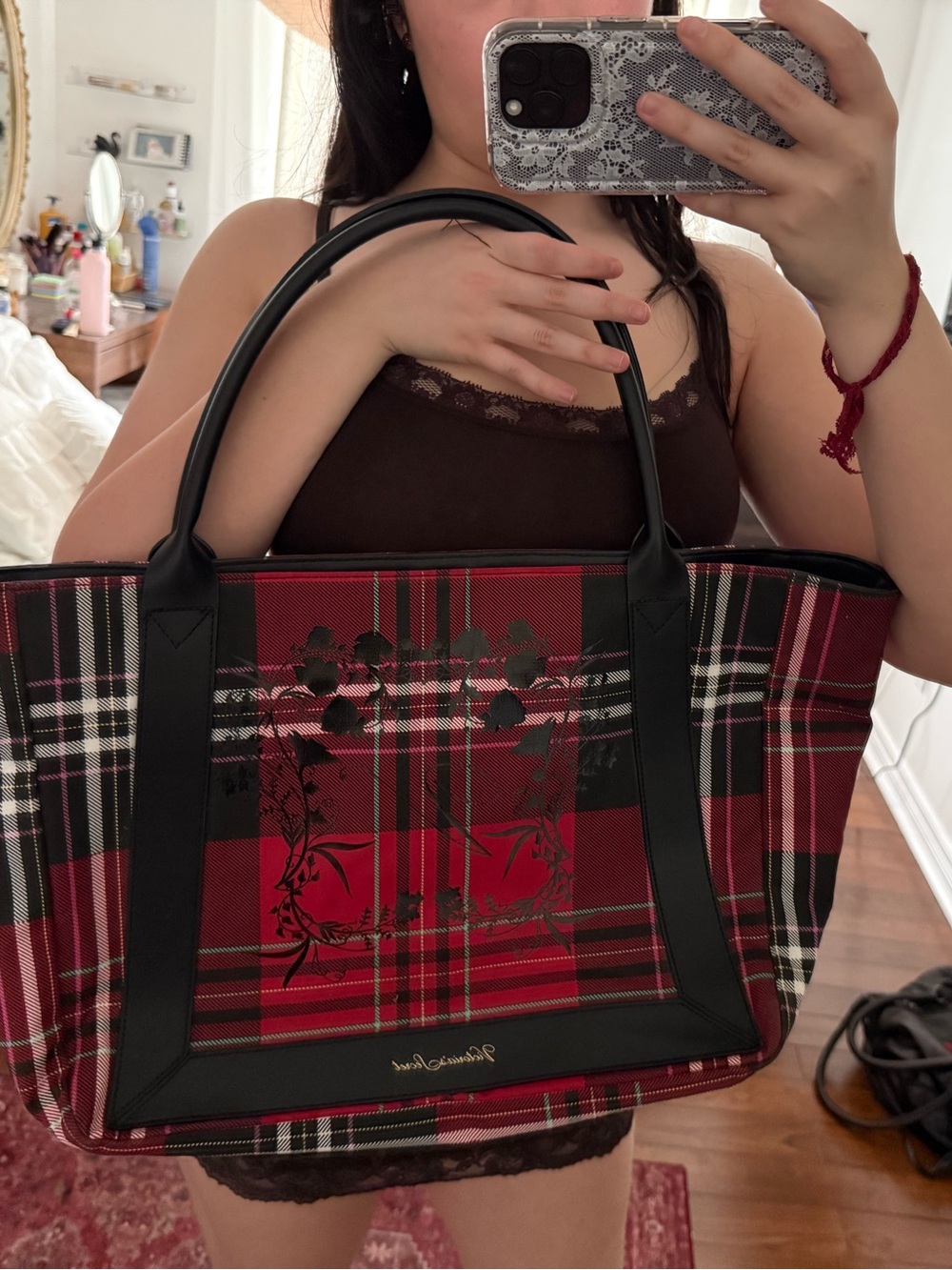 Victoria’s secret Red Plaid Tote with Black Trim and black flower pattern - Picture 2 of 5